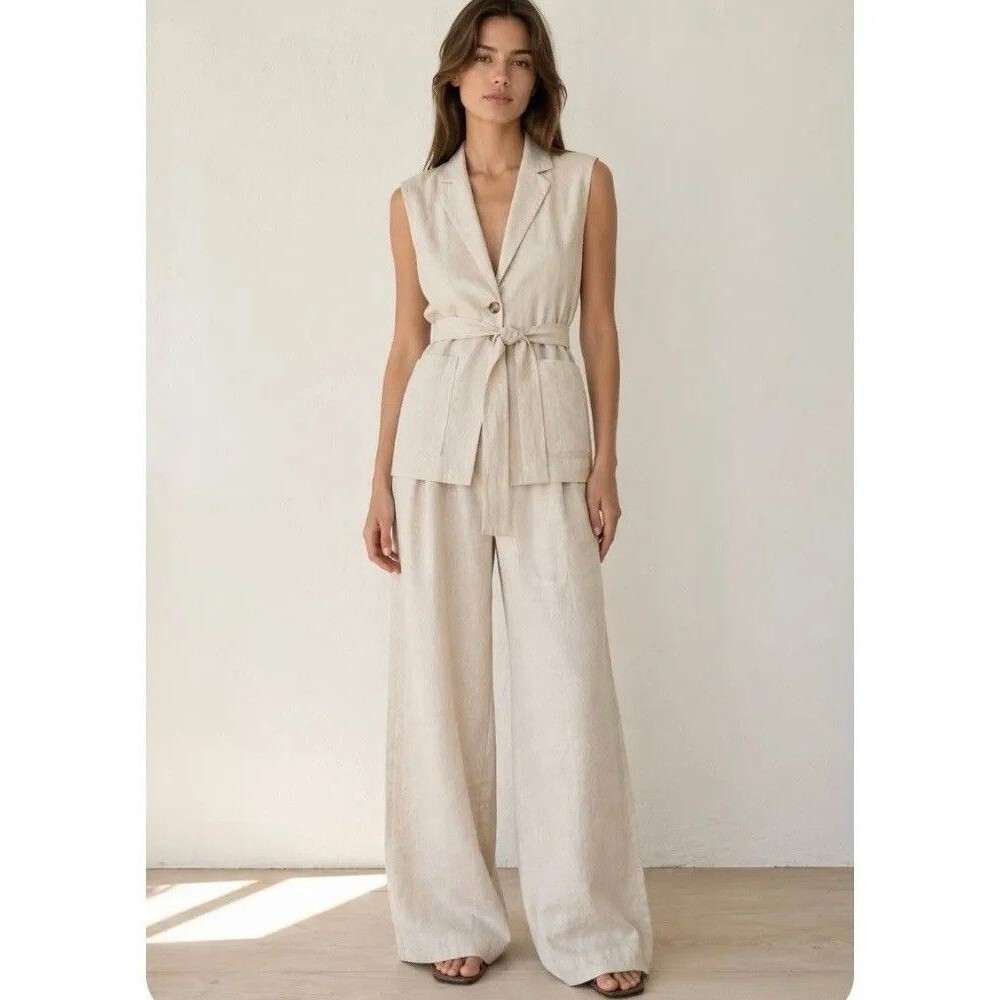Tahari Tan Beige 100% Linen Belt Loops Sleeveless Collared Vest Tunic Size M'**